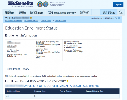 Screenshot of eBenefits page